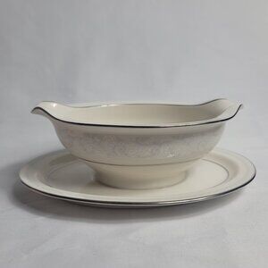 Noritake Trudy Gravy Boat & Underplate Ivory with Blue & White Scrolls #7087